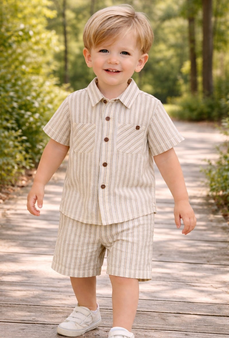 Dirkje Boys 2 Pc Set “Coastal Stripe” Collared Button-Front Shirt & Draw-Waist Shorts Set - Image 1